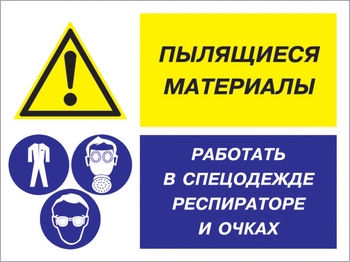 Кз 87 пылящиеся материалы - работать в спецодежде, респираторе и очках. (пластик, 400х300 мм) - Знаки безопасности - Комбинированные знаки безопасности - vektorb.ru